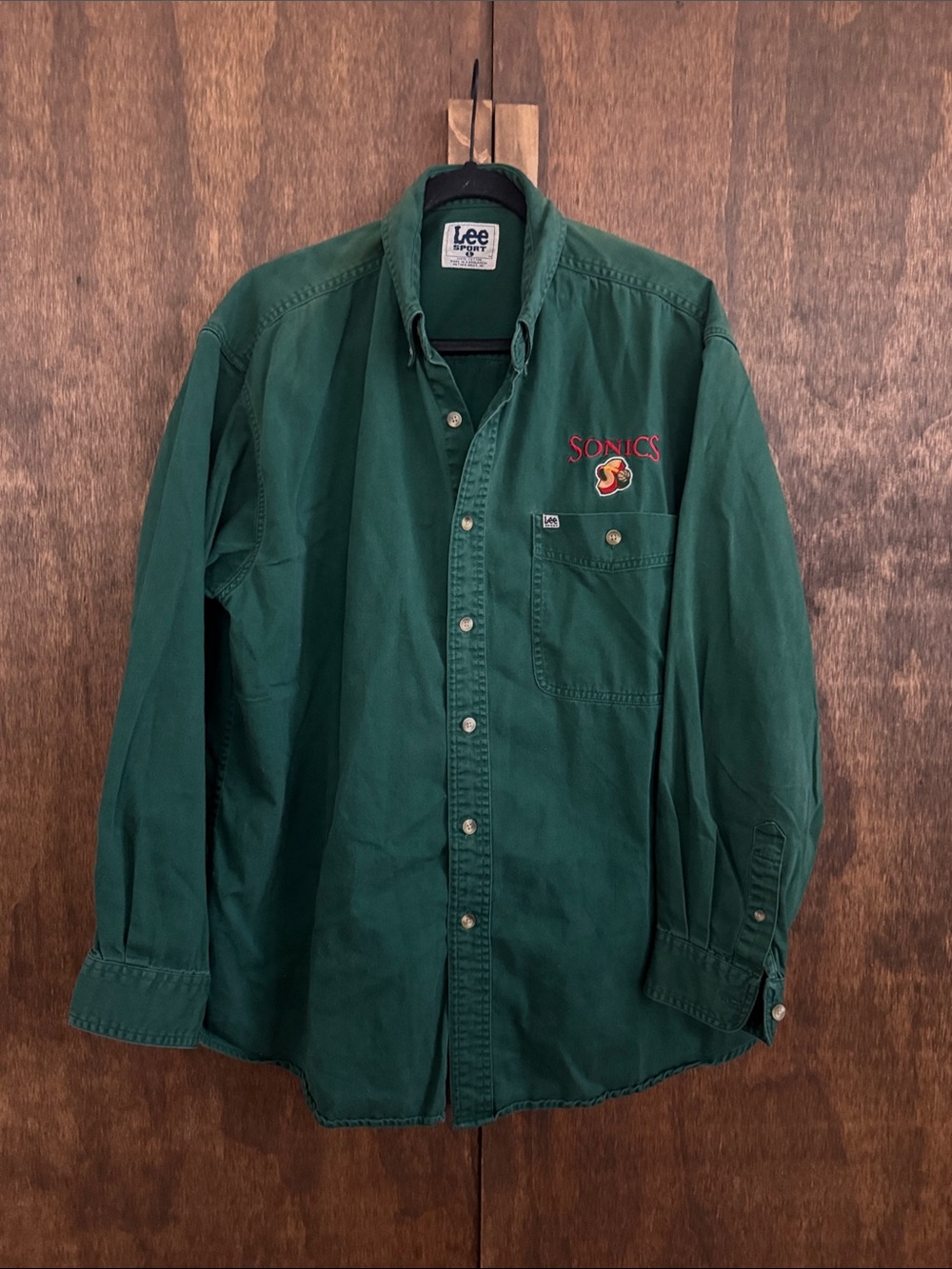 Lee Men's Green Button-Down Shirt with Sonics Embroidery